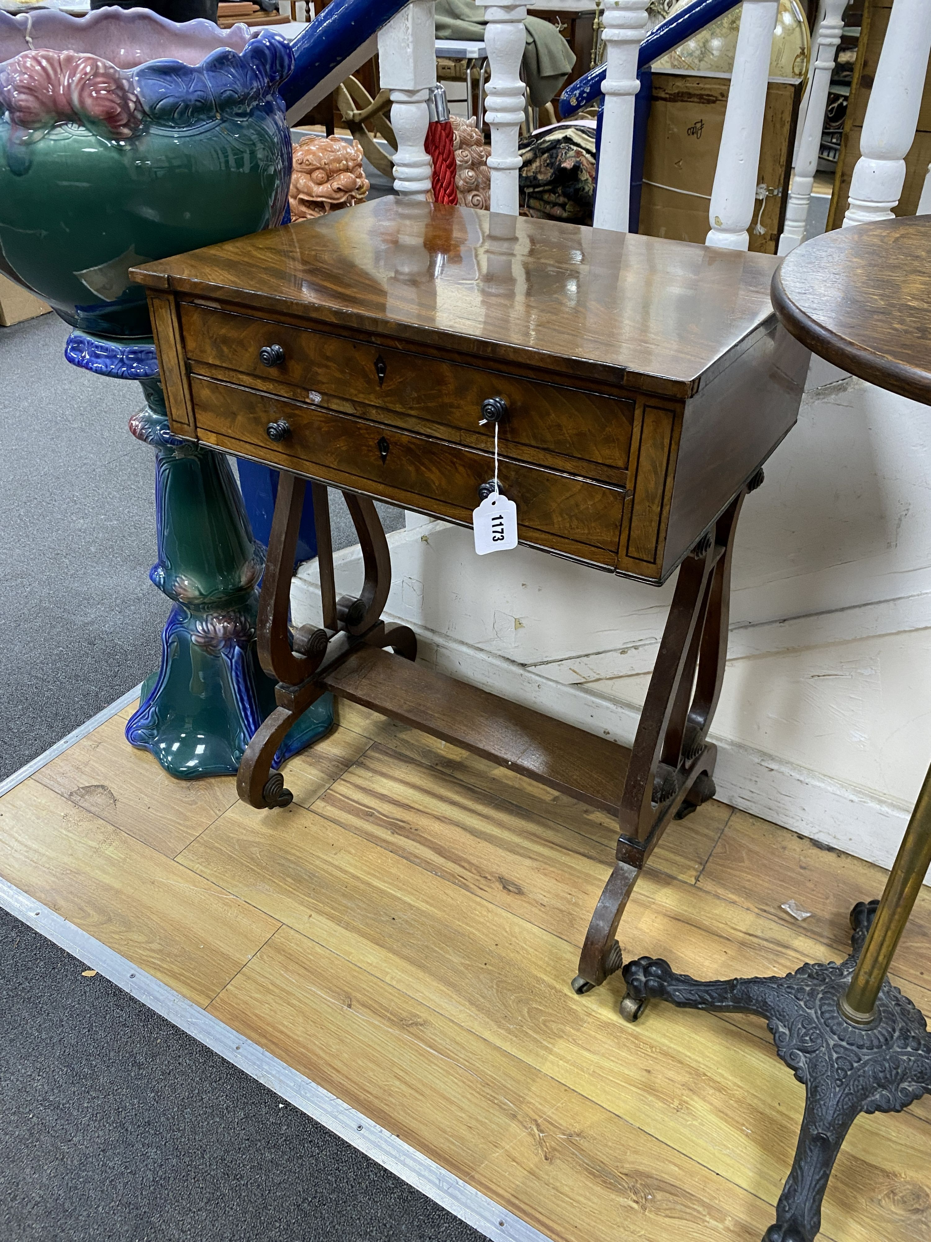 A Regency style mahogany lyre end work table, width 54cm, depth 41cm, height 74cm